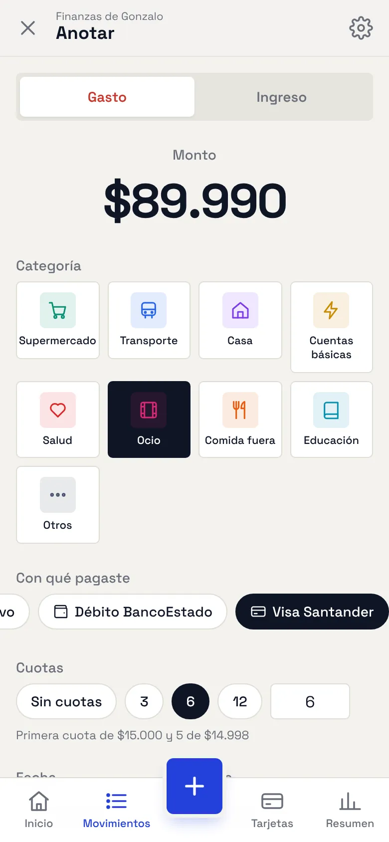 Formulario para anotar un gasto