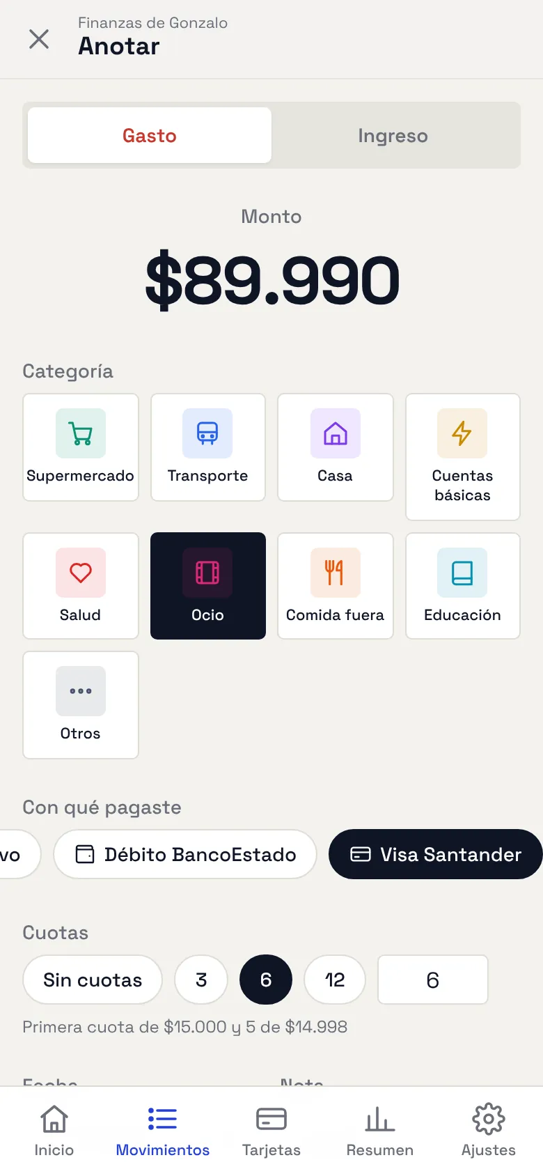 Formulario para anotar un gasto