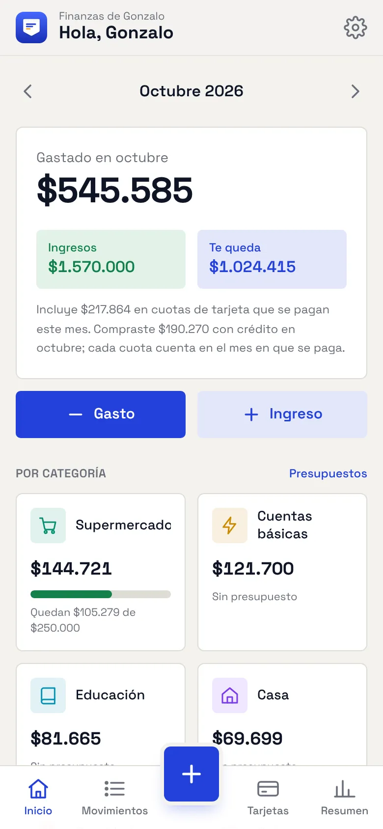 Pantalla de inicio de Pocket con el gasto del mes por categoría