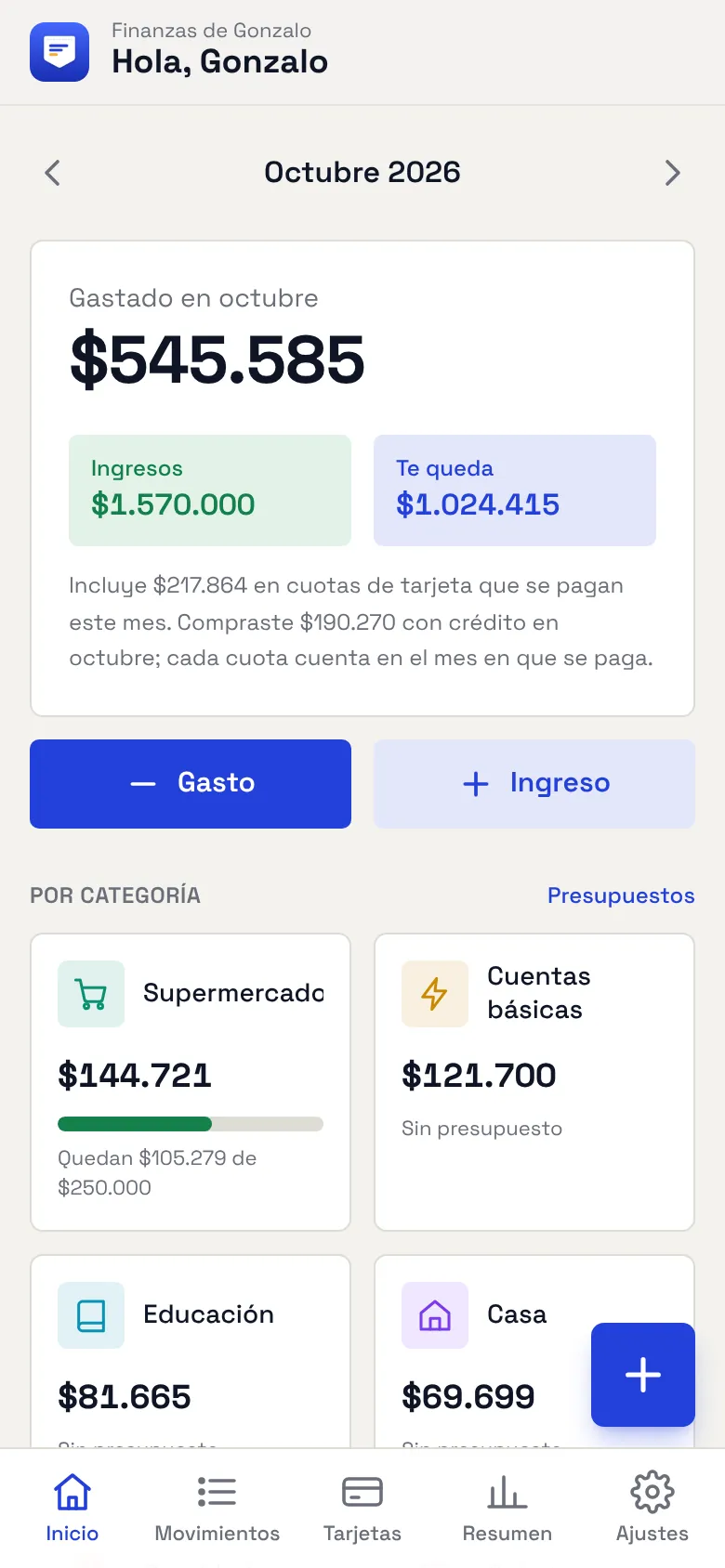 Pantalla de inicio de Pocket con el gasto del mes por categoría