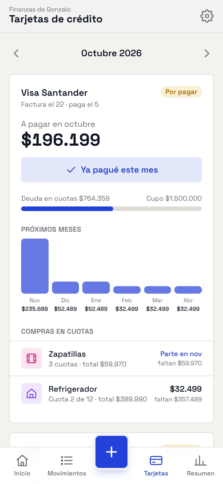 Pantalla de tarjetas con lo que se paga cada mes