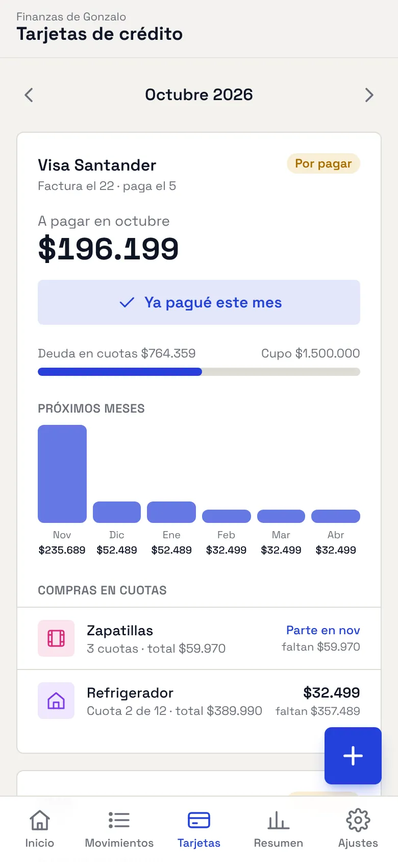 Pantalla de tarjetas con lo que se paga cada mes